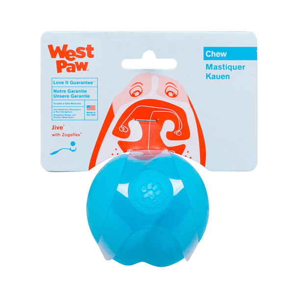 West Paw Jive Zogoflex Tough Fetch Ball in blue, small size, perfect for chewers and outdoor play.