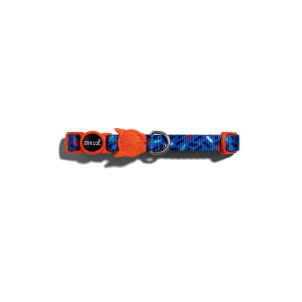 Zee.Cat Atlanta Cat Collar in blue and orange with adjustable design and safety features.