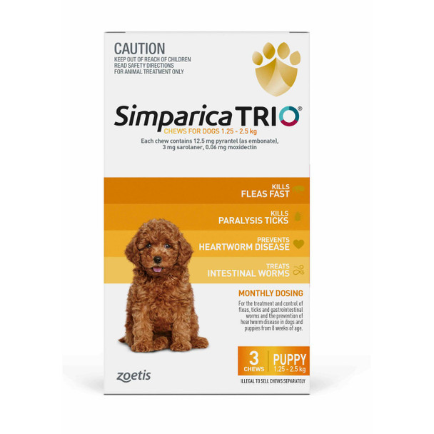 Simparica TRIO Chews for puppies 1.3-2.5 kg, yellow, effective against fleas, ticks, heartworm, and intestinal worms.