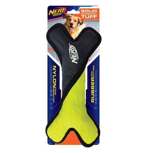 NERF DOG Tuff Rubber Nylon Plush Bone Green/Grey 28cm