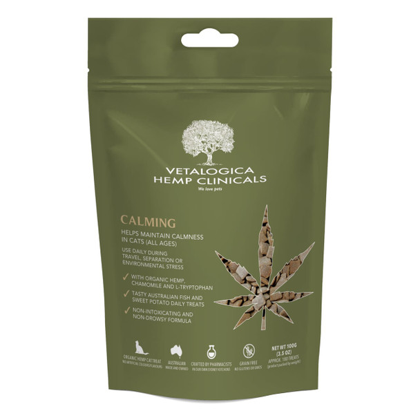 Vetalogica Hemp Clinicals Calming Treats for Cats 100g – promotes calmness and reduces stress in cats of all ages.