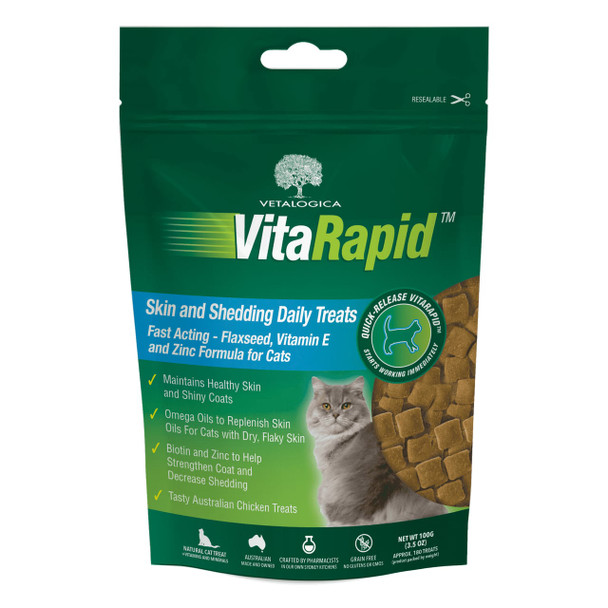 Vetalogica VitaRapid Skin & Shedding Daily Treats for Cats, 100g, supports healthy skin and coat with omega oils.
