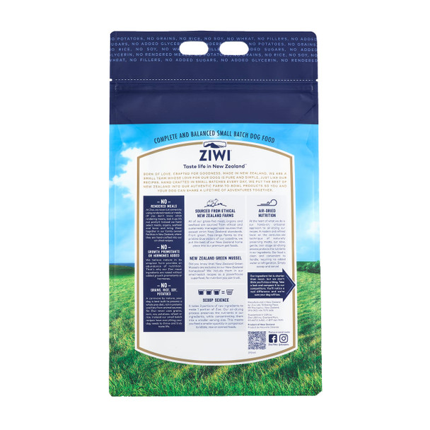 Ziwi Peak Beef Air-Dried Dog Food 1kg package featuring nutrition facts and ingredients for dogs.
