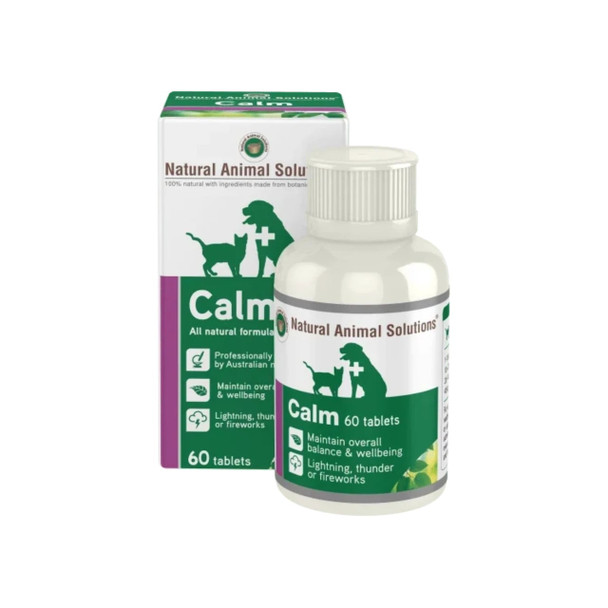 Natural Animal Solutions Calm Tablets - 60 pack for pet wellness during thunder, fireworks, and stressful situations.