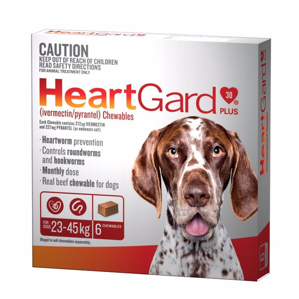 Heartgard Plus Chewables for dogs 23-45 kg, 6 pack, prevents heartworm and controls roundworms and hookworms.