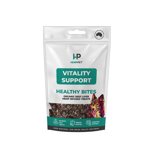 HempPet Vitality Support beef liver treats for dogs, 80g, hemp-infused, healthy bites for nutrient and digestive support.