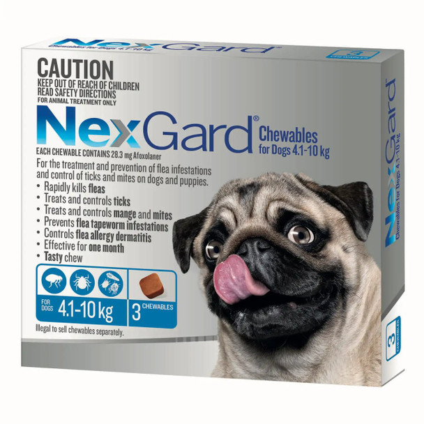 NexGard Chewables for Dogs 4.1-10kg - Blue, effective flea and tick treatment in tasty chewable form.