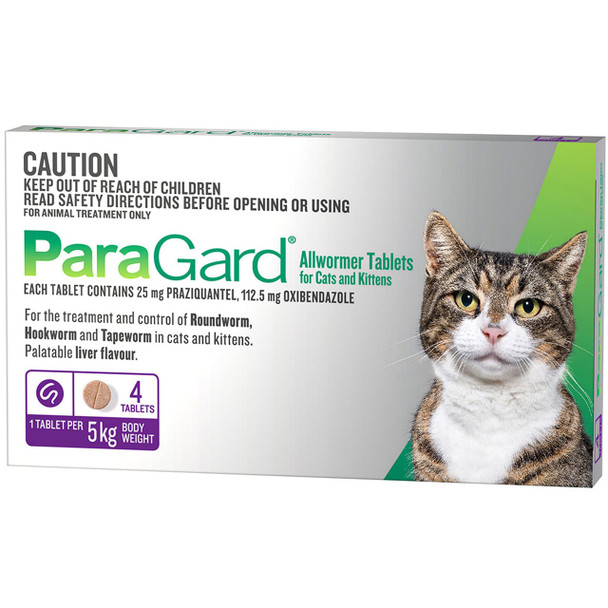 Paragard Allwormer for Cats & Kittens, 5kg, 4 tablets, treats roundworm, hookworm, and tapeworm infections.