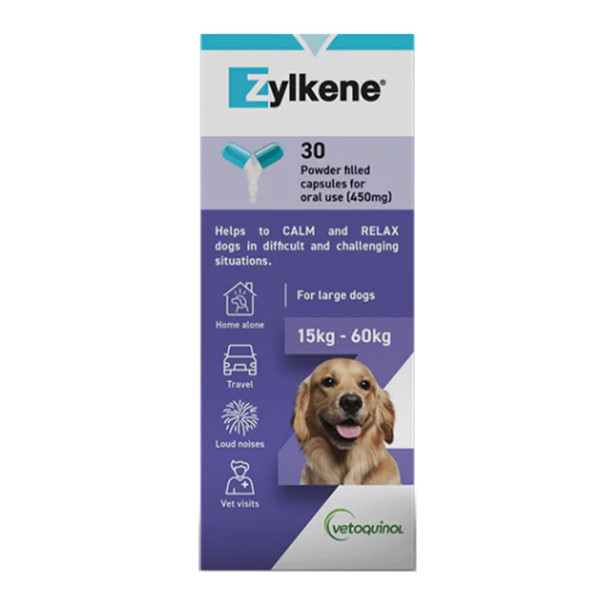Zylkene Nutritional Supplement for Dogs 450mg, 30 capsules, promotes calmness during travel and stressful situations.