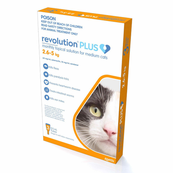 Revolution PLUS for Medium Cats (2.5-5kg) - Monthly flea, tick, and worm treatment in orange packaging.