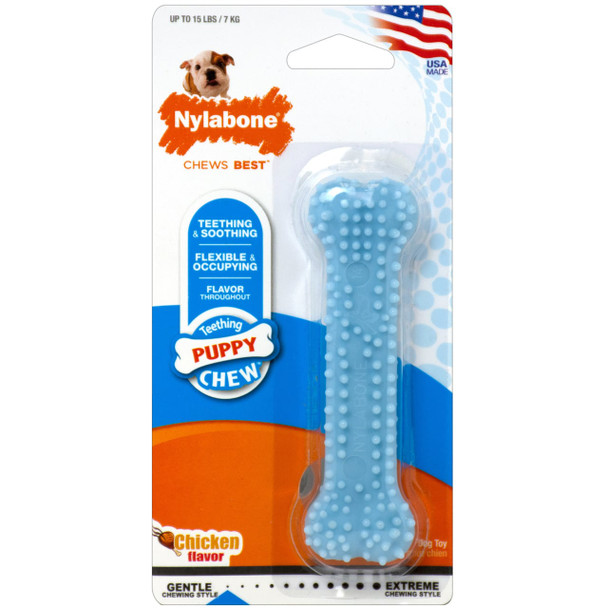 Nylabone Puppy Dental Chew, blue bone-shaped toy for teething and dental health, chicken flavor, ideal for puppies.