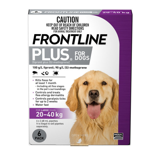 Frontline Plus for Large Dogs 20-40kg, 6-pack, effective flea and tick control treatment.
