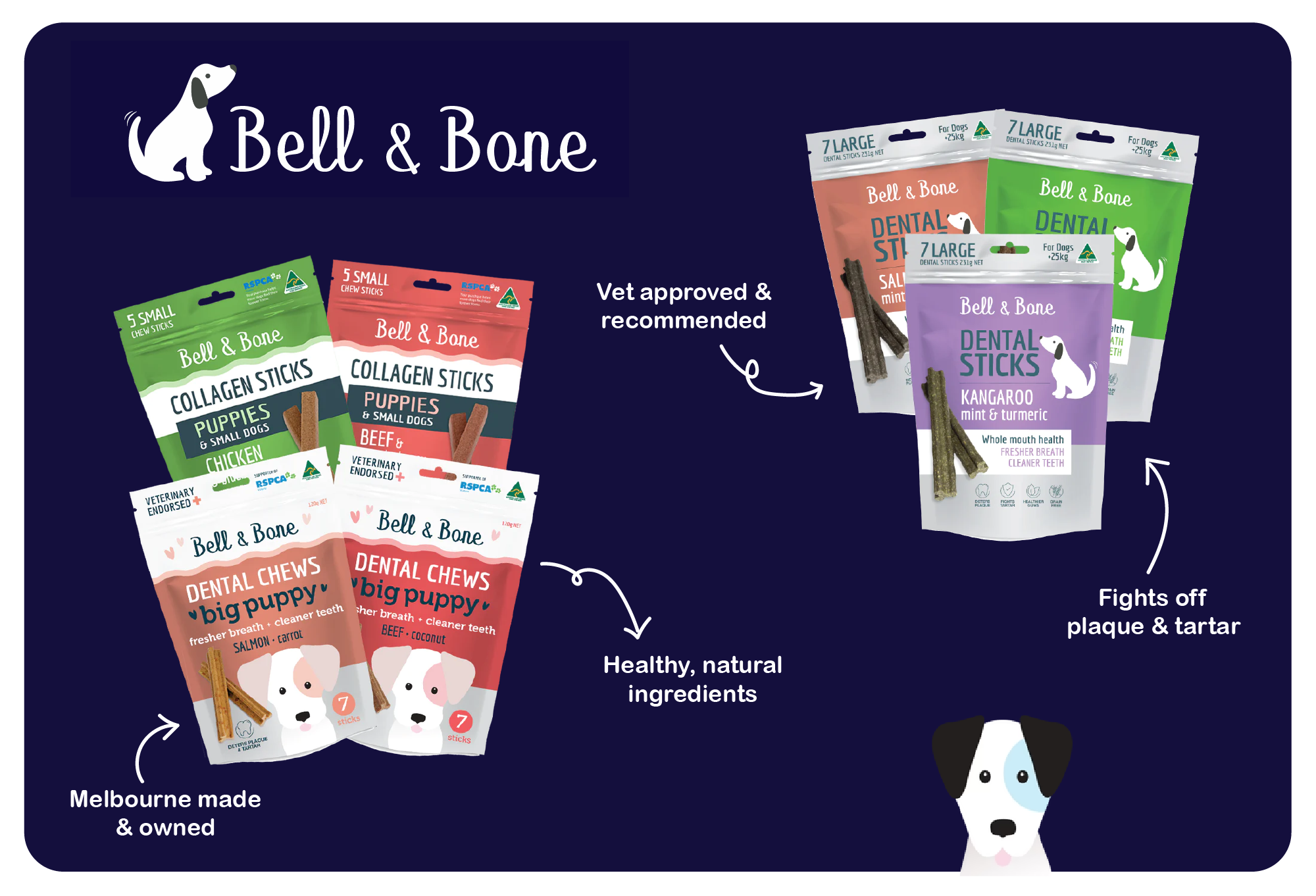 Bell & Bone Dog treats and dental sticks. Vet grade, melbourne made, healthy and natural ingredients only. 