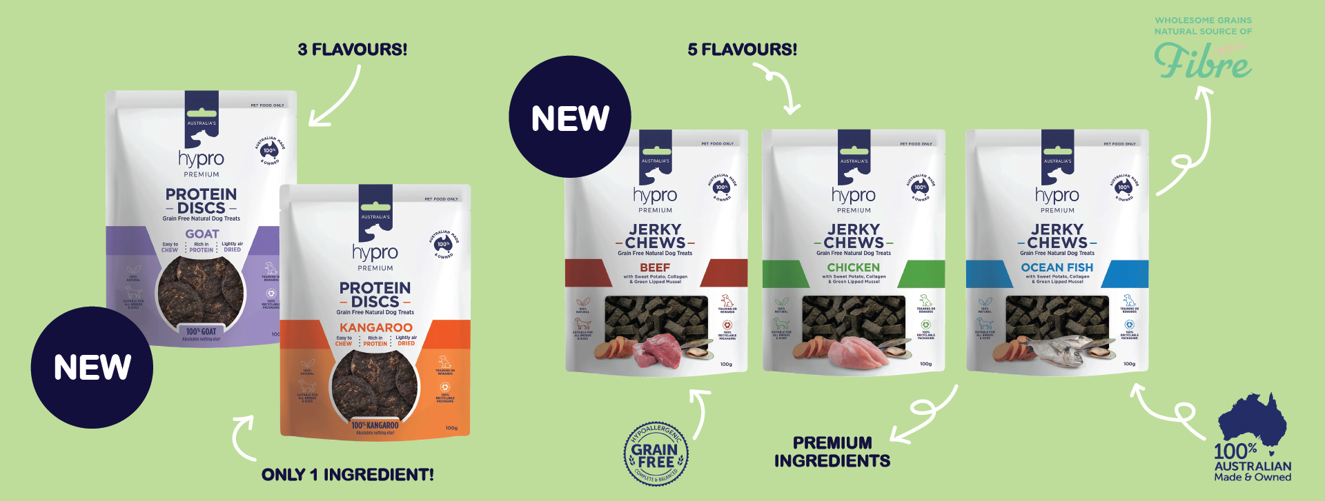 NEW Hypro Premium treats, made in Australia. Available in Protein Discs and Jerky Chews. Premium Ingredients for your canine. 