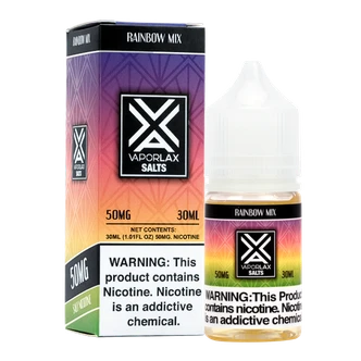 A 30ml vape juice with nicotine in 25mg & 50mg, experience Rainbow Mix by VaporLax Salts