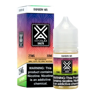 A best-selling sweetened pod juice, Rainbow Mix by VaporLax Salts is available in 25mg & 50mg