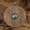 Flower of Life Hardwood Pendant in Walnut with 12mm Labradorite by LaserTrees | Gemstone Metaphysical Art