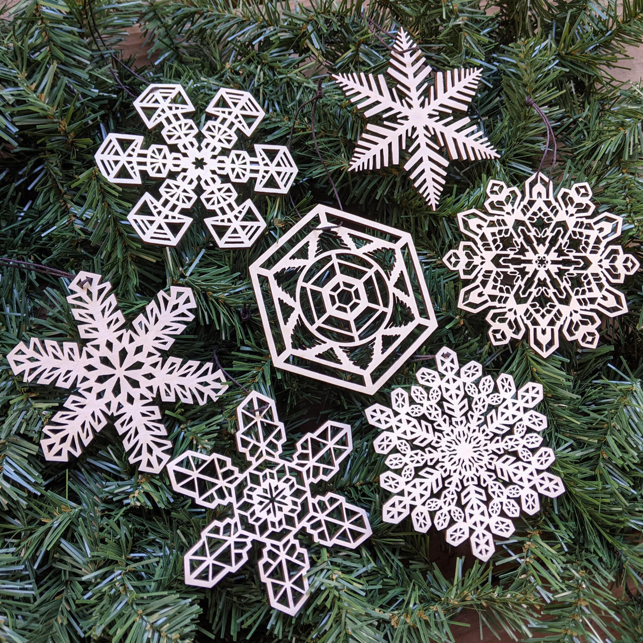 Snowflake Ornaments - Set of Seven - Laser Cut Wood - LaserTrees