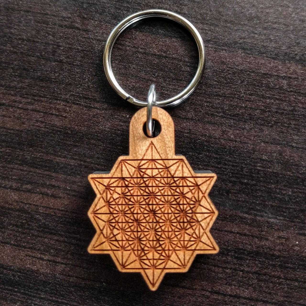 64 Sided Tetrahedron Hardwood Keychain | LaserTrees