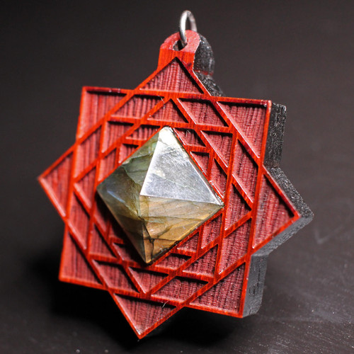 LaserTrees Labradorite Pyramid Eight Sided Star Fractal Hardwood Pendant