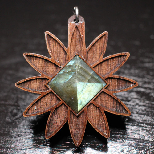 LaserTrees Labradorite Pyramid Seed Lotus Hardwood Pendant