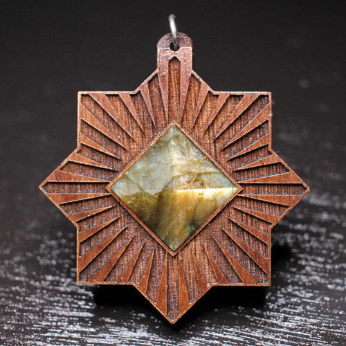 LaserTrees Labradorite Pyramid Square Sun Hardwood Pendant