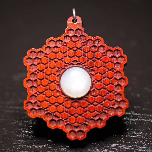 LaserTrees Honeycomb Grid Pendant - White Moonstone in African Padauk