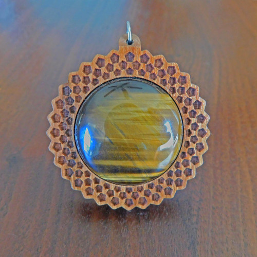 LaserTrees Sunflower Fractal Hardwood 30mm Gemstone Pendant 