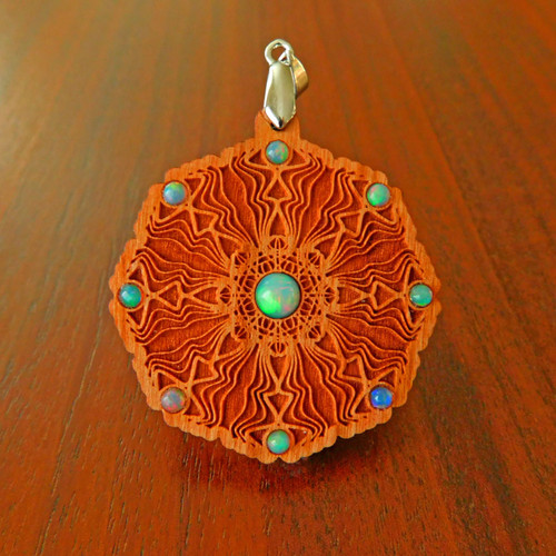 LaserTrees Mushroom Cap Mandala Gemstone Talisman with x9 Ethiopian Opals