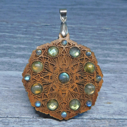 Talisman for Magic & Protection - Mushroom Cap Mandala with Labradorite by LaserTrees | Handcrafted Sacred Geometry