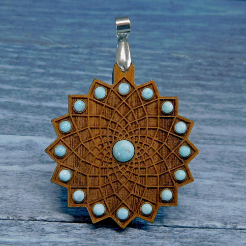 Square Flower Gemstone Talisman with Larimar by LaserTrees | Handcrafted Sacred Geometry
