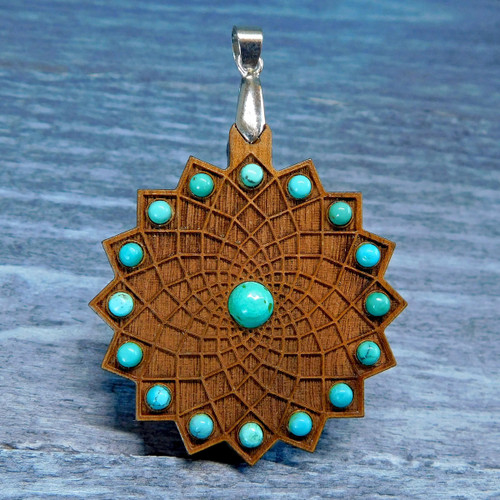 LaserTrees Square Flower Gemstone Talisman with Turquoise