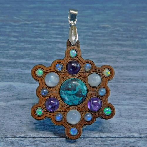 Snowflake Mandala Gemstone Grid Talisman with Turquoise Opal and Amethyst by LaserTrees | Handcrafted Sacred Geometry