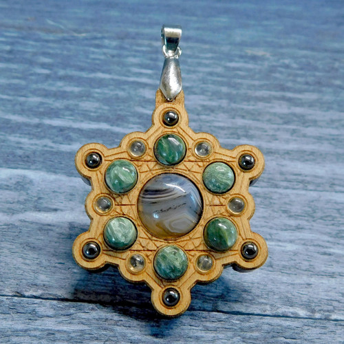 Snowflake Mandala Gemstone Grid Talisman with Agate and Seraphinite by LaserTrees | Handcrafted Sacred Geometry