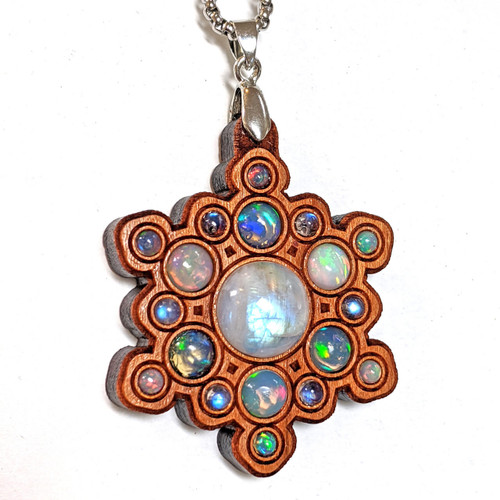 LaserTrees Snowflake Mandala Gemstone Grid Talisman with Rainbow Moonstone and Opal 