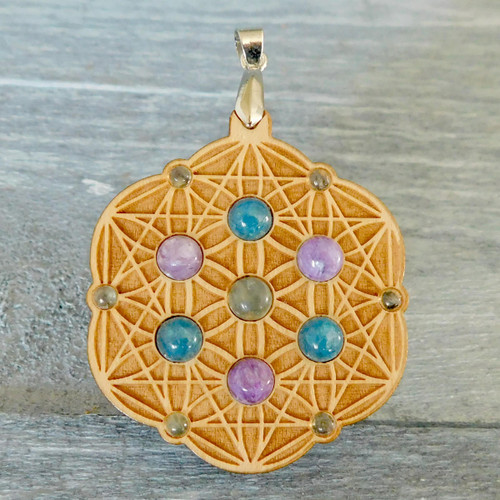 LaserTrees Seed of Life Tetrahedron Gemstone Grid Talisman with Prehnite, Apatite and Charoite 