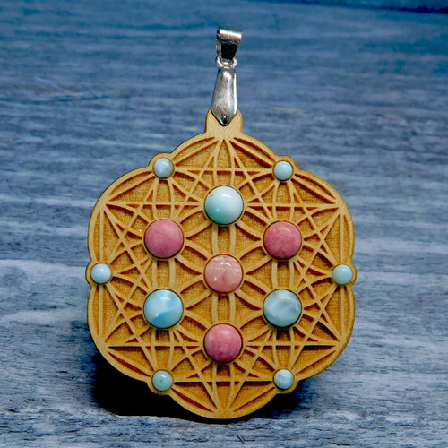 LaserTrees Seed of Life Tetrahedron Gemstone Grid Talisman with Rhodonite, Larimar and Rhodochrosite 