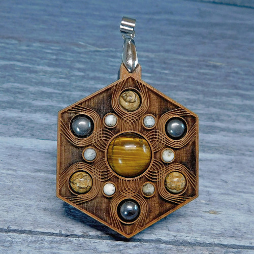 Vibrational Seed Gemstone Talisman - Tigereye Hematite and Dendritic Agate by LaserTrees | Handcrafted Sacred Geometry