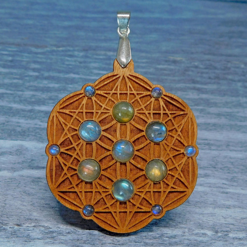 LaserTrees Seed of Life Tetrahedron Gemstone Grid Talisman with Labradorite