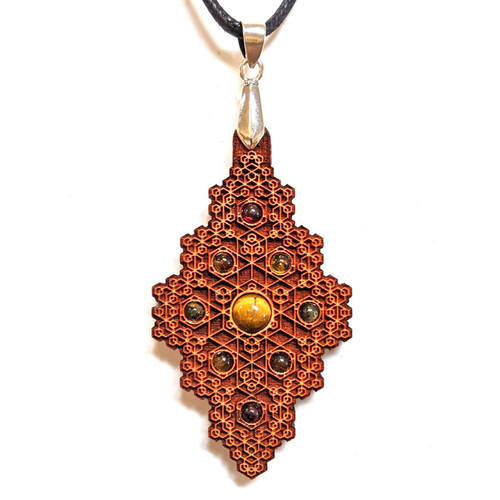 Hexagon Diamond Hardwood Pendant with Tigerseye, Citrine, Garnet and Peridot by LaserTrees | Handcrafted Sacred Geometry