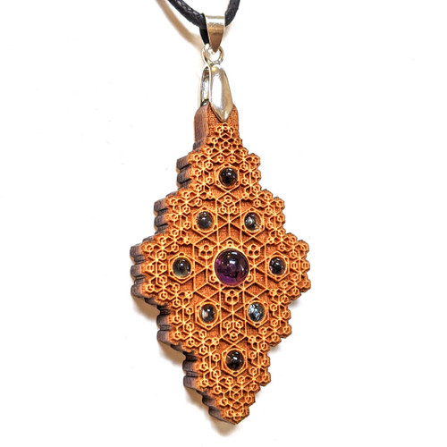 LaserTrees Hexagon Diamond Hardwood Pendant with Amethyst, Aquamarine and Iolite 