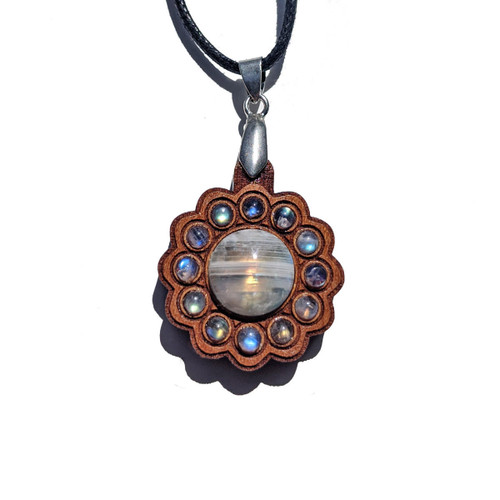 LaserTrees Rainbow Moonstone Mini Gemstone Mandala Pendant - Gemstone Grid Talisman - Cherry Hardwood