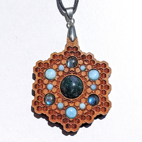 LaserTrees Honeycomb Grid Gemstone Grid Talisman - Moss Agate, Labradorite and Larimar 