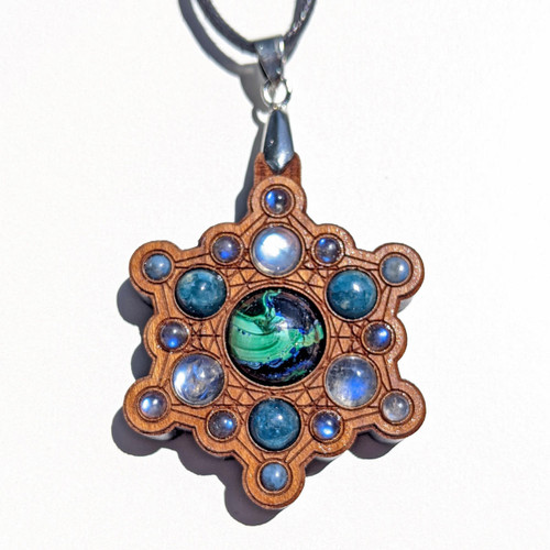 Snowflake Mandala Gemstone Grid Talisman - Azurite Malachite, Apatite and Rainbow Moonstone by LaserTrees | Handcrafted Sacred Geometry