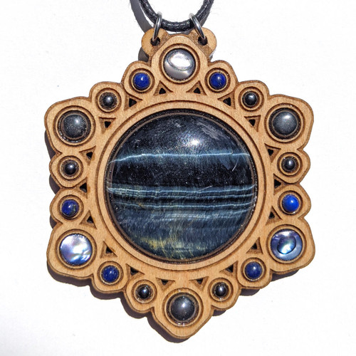 LaserTrees Power Mandala Gemstone Grid Talisman - Maple with Blue Tigereye, Hematite and Paua Shell 