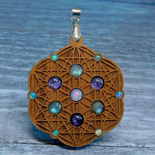 LaserTrees Seed of Life Tetrahedron  Gemstone Grid Talisman with Labradorite Amethyst and Opal