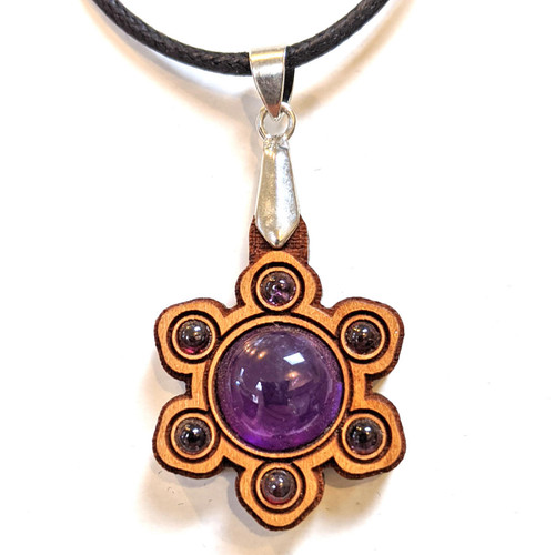 Mini Gemstone Mandala Talisman with Amethyst and Garnet on Cherry