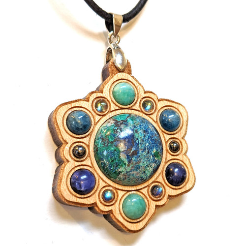 LaserTrees Power Mandala Gemstone Grid Talisman - Maple with Chrysocolla, Amazonite, Sodalite, Apatite, Hematite and Rainbow Moonstone