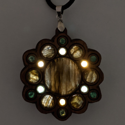 LaserTrees LED Gemstone Talisman Pendant - Light Warrior - Walnut with Labradorite and Moss Agate 