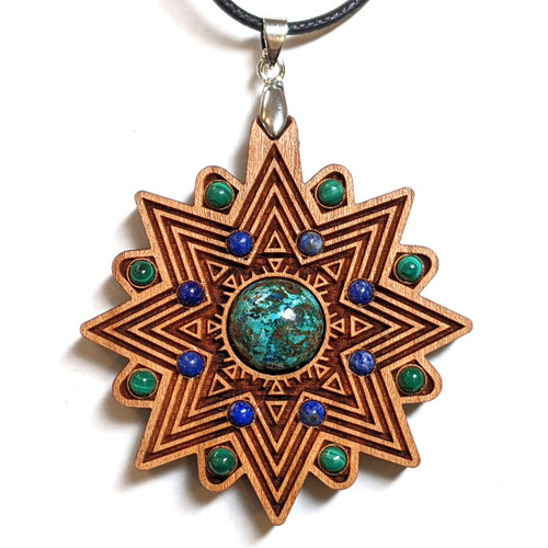 Wisdom Talisman - Chrysocolla, Lapis Lazuli and Malachite - Starburst Echo design by Julie Banwellund by LaserTrees | Handcrafted Sacred Geometry